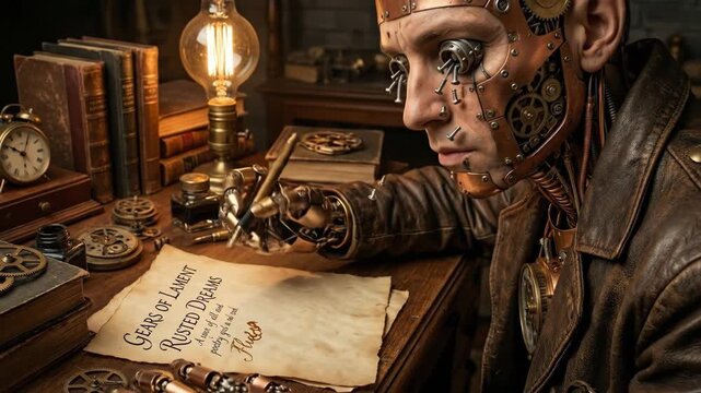 Steampunk cyborg with human face and mechanical eyes writing a lament poem with a quill pen on a vintage desk, surrounded by old books, gears, and antique objects