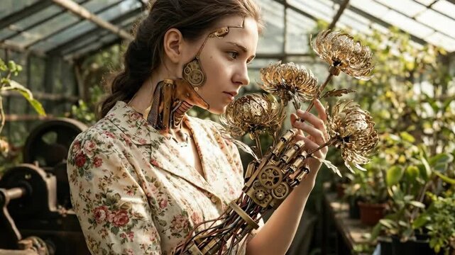 Young woman with intricate mechanical components on her face and a detailed robotic arm gently touching delicate metallic flowers inside a vibrant, old-fashioned greenhouse