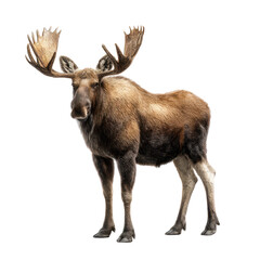 Obraz premium Majestic moose stands proudly against a white background showcasing its impressive antlers and strong physique in a natural pose