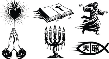 Monochrome vector art set of crowned sacred heart open bible with cross praying hands menorah ichthys symbol and walking jesus figure in bold tattoo style