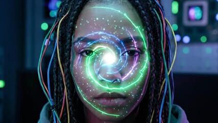 Young woman's face with a glowing digital spiral from her forehead and colorful wires braided into her hair, symbolizing ai, neural connection and futuristic cybernetics - Powered by Adobe