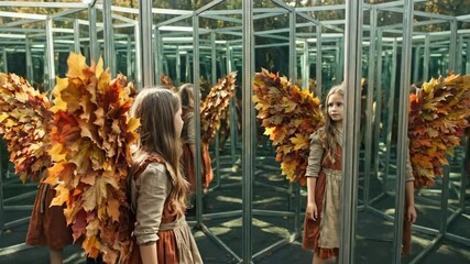 Girl wearing wings made from colorful autumn leaves experiencing reflections of herself and surroundings in a mirror maze, symbolizing childhood imagination and inner journey - Powered by Adobe