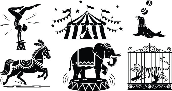 Black silhouette vector art of circus tent acrobat on pedestal performing handstand trained horse elephant on platform juggling seal and tiger in cage composition