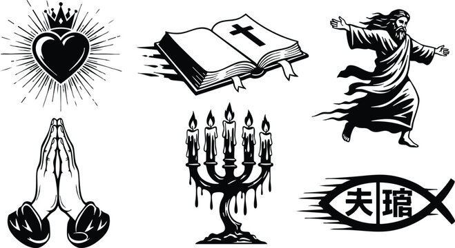 Monochrome vector art set of crowned sacred heart open bible with cross praying hands menorah ichthys symbol and walking jesus figure in bold tattoo style