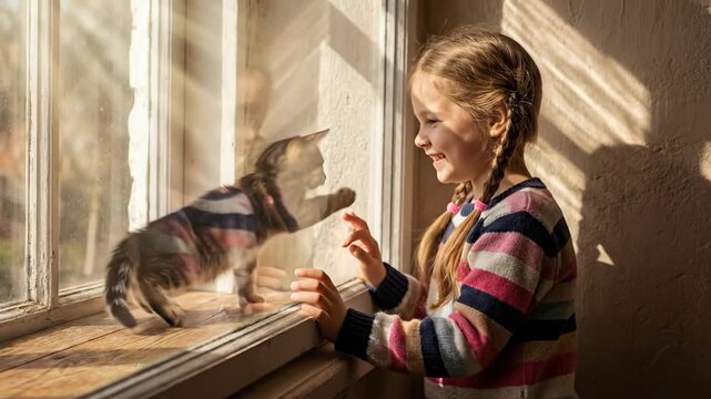 Girl smiling and gazing at a kitten through sunlit window glass, sharing a tender moment of childhood joy and warmth as light reflects on playful tabby fur and small hands
