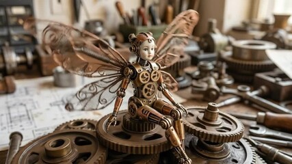 Steampunk fairy automaton with intricate mechanical wings sits among various brass gears and rusty tools on a busy engineering workbench, combining fantasy with industrial design - Powered by Adobe
