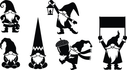 Naklejka premium Flat vector art set of six black silhouette gnomes with long hats holding lantern acorn and blank banner in playful winter poses for christmas design