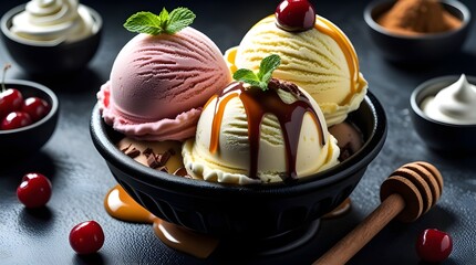 National Ice Cream Day. Assorted ice cream scoops in bowl with toppings.