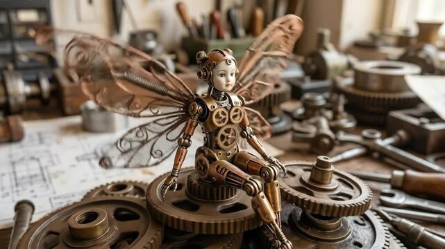 Steampunk fairy automaton with intricate mechanical wings sits among various brass gears and rusty tools on a busy engineering workbench, combining fantasy with industrial design