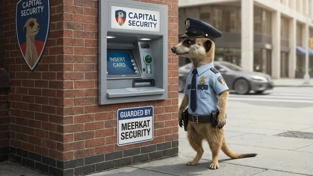 Meerkat police officer stands vigil beside an atm on a city street, humorous anthropomorphic mascot symbolizing banking security, trust and protection for transactions