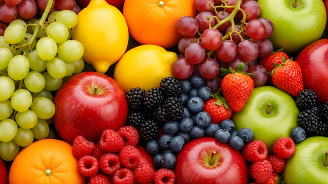 A vibrant and bountiful assortment of fresh fruits, including grapes, apples, lemons, oranges, strawberries, blueberries, raspberries, and blackberries, are artfully arranged in a close-up, high-angle - Powered by Adobe