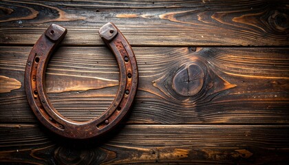 Fototapeta premium Vintage horseshoe on rustic wooden planks evoking tradition and heritage with a sense of nostalgia and timelessness.