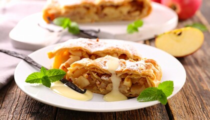 Apple strudel on a white plate with sauce and mint leaves against a rustic wooden background warm and inviting.
