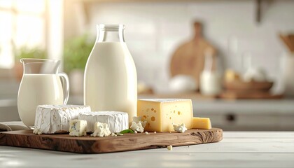 Dairy Delights Assortment of Cheeses and Milk Presented on Wooden Board in Bright Kitchen Farm Fresh Goods.