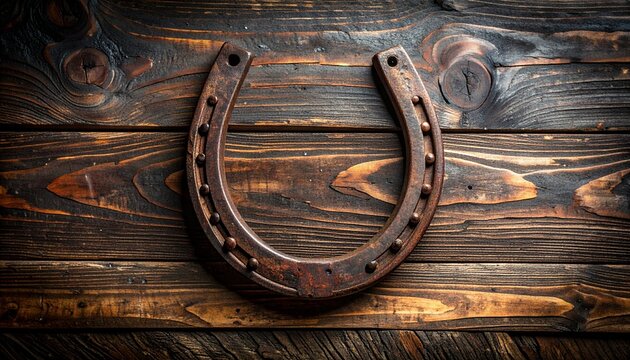 Rustic Horseshoe on Weathered Wood Backdrop Evoking Luck and Heritage.