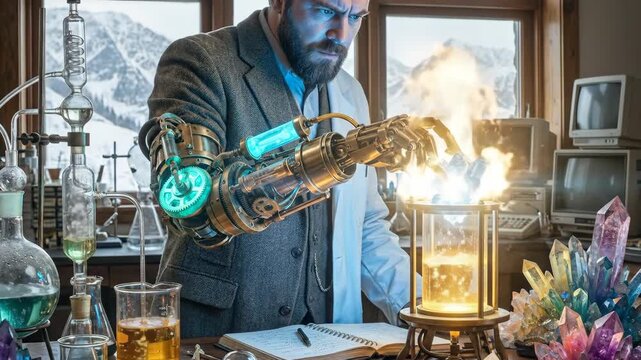 Steampunk scientist in a mountain lab uses a complex mechanical arm to hold a glowing blue crystal over experimental liquid amid geodes, brass gears, vintage glassware and snow