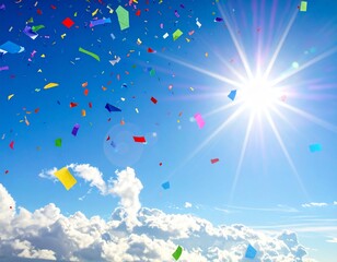Fototapeta premium Bright Blue Sky with Colorful Confetti Celebration Graphic Resource for Happy Positive and Motivational Themes.
