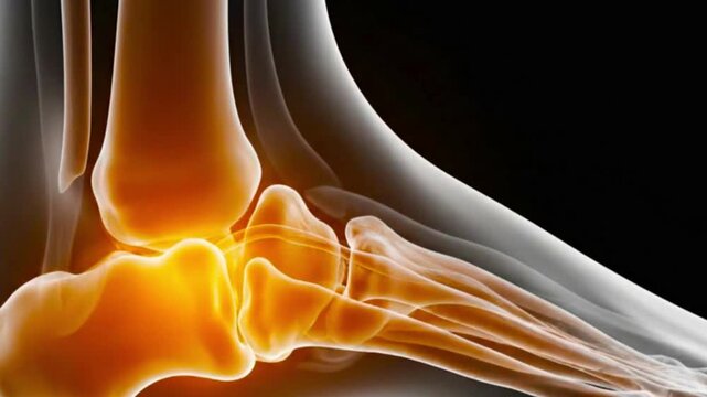 Anatomy of the foot showing bones and tendons in orange and white on a dark background image
