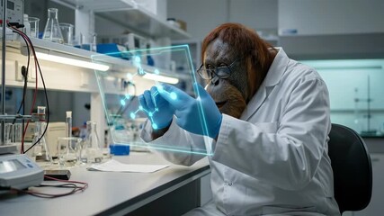 Orangutan scientist in lab coat and glasses manipulates a glowing holographic interface with molecular structures in a modern research lab, symbolizing innovation and discovery - Powered by Adobe