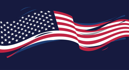 Fototapeta premium A stylized and dynamic waving American flag on a dark blue background representing patriotism and national pride of the USA.