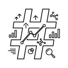 Hashtag icon with line graph, chart, and magnifying glass
