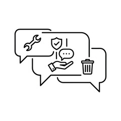 Customer service chat bubbles with support, security, and delete icons