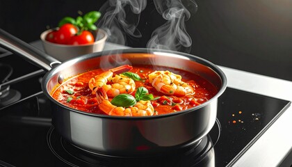 Shrimp simmering in rich tomato sauce on a modern stovetop offers a delightful and appetizing seafood experience.