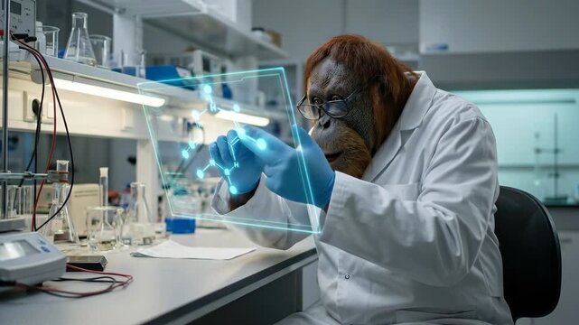 Orangutan scientist in lab coat and glasses manipulates a glowing holographic interface with molecular structures in a modern research lab, symbolizing innovation and discovery