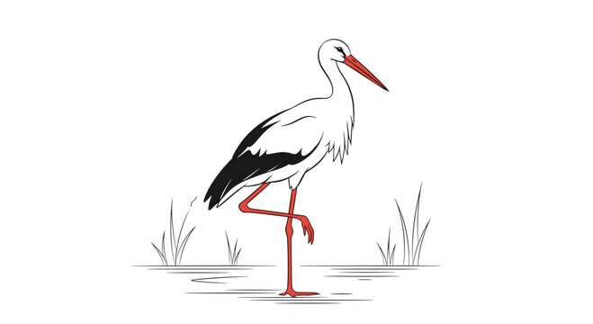 An elegant black and white line art drawing of a stork standing on one leg in the water among some reeds.