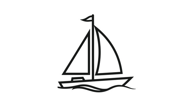 A simple and clean black line art icon of a sailboat floating on gentle waves for a minimalist nautical or travel logo.