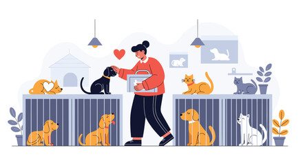 Female volunteer caring for homeless dogs and cats in an animal shelter showing compassion adoption and pet rescue in an illustration.