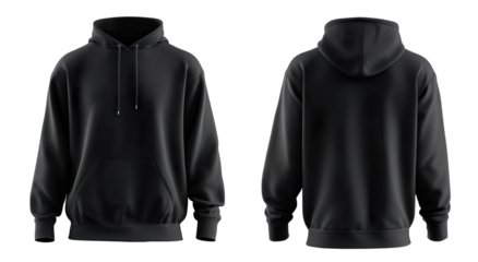 Black Hoodie Front and Back View isolated on transparent background