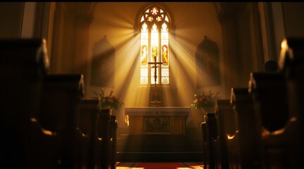 Golden sunbeams filter through a stained glass window, illuminating the altar and pews in a historic church for a spiritual worship concept and peaceful reverence