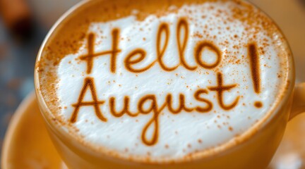 Overhead shot of a coffee cup featuring "Hello August!" written in cinnamon on frothy milk for a seasonal welcoming concept and optimistic start to the month