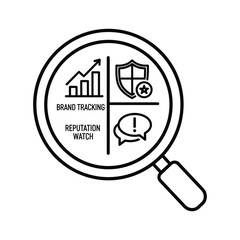 Magnifying glass over brand tracking and reputation watch icons