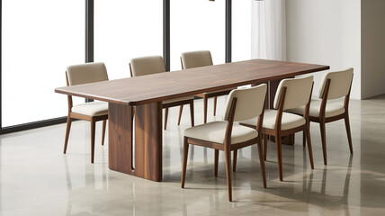Elegant walnut dining table with six chairs for refined dining experiences and modern home staging, perfect for family gatherings and sophisticated dinner partiesElegant walnut dining table with six c