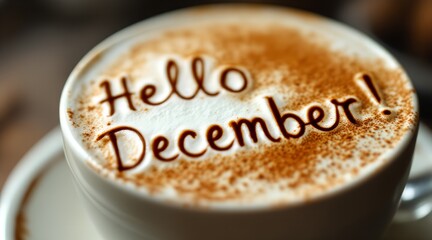 Warm close-up of a coffee cup with 'Hello December!' written on frothy latte art for festive season welcome concept and cozy winter mornings