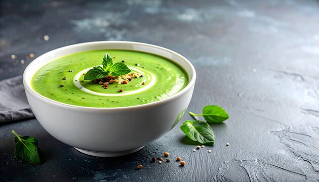 Elegant bowl of vibrant green soup with fresh herbs and creamy swirl on a textured dark surface.