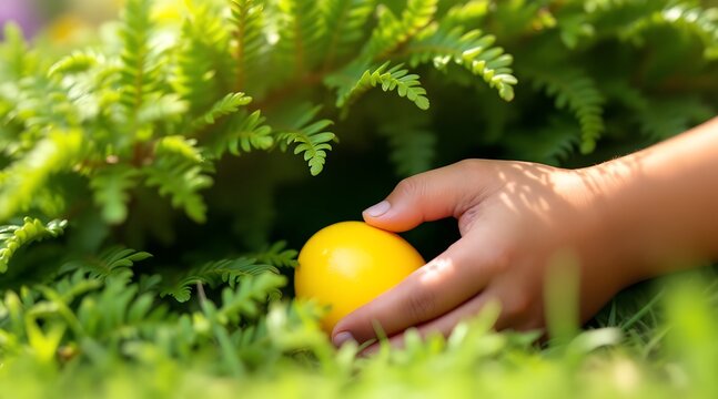 Child's hand discovering a bright yellow Easter egg hidden among vibrant green foliage and dappled sunlight for spring holiday concept
