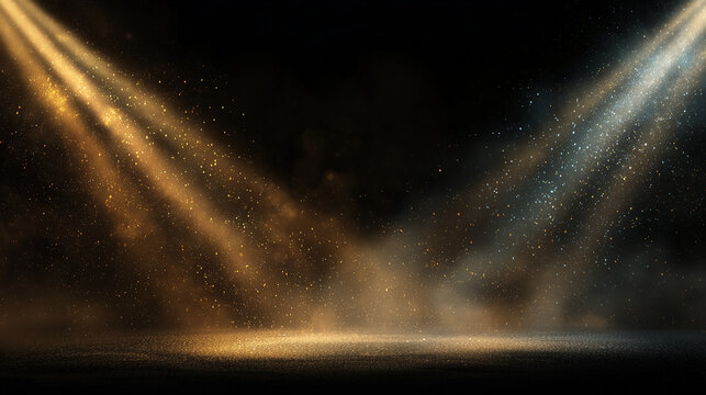 暗いステージを照らす2つのスポットライトと金色の粒子、ドラマチックなアリーナの背景
