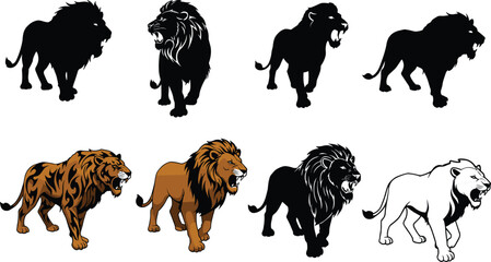 Roaring lion icon set, black silhouettes and detailed color illustrations in fierce poses, animal, wildlife, predator, nature, vector design, grid © Sagar