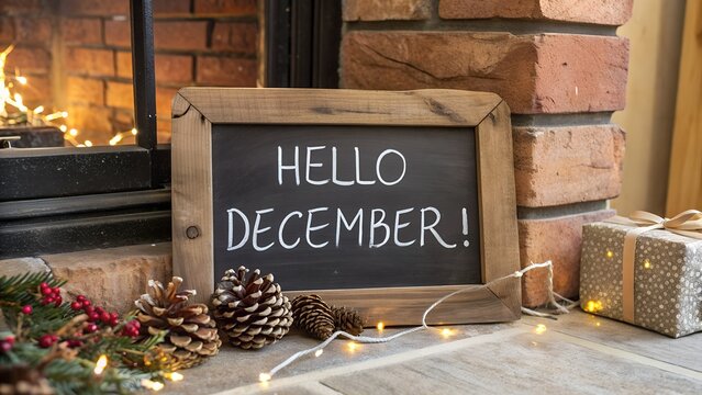 Hello December chalkboard sign with pinecones by fireplace