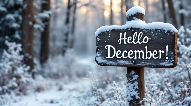 Hello December sign on snowy wooden post in winter forest - Powered by Adobe
