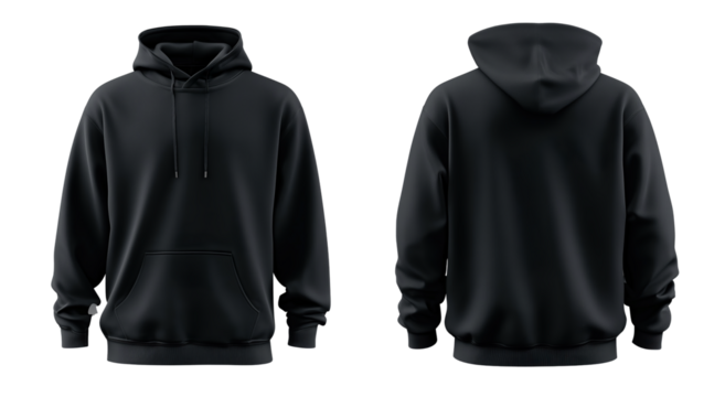 Black Hooded Sweatshirt Front and Back View isolated on transparent background