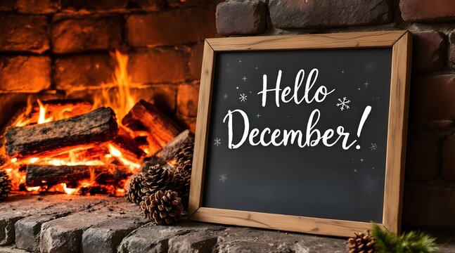 Hello December chalkboard sign by cozy fireplace - Powered by Adobe