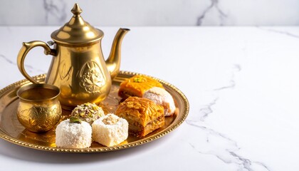 Elegant Gold Tea Set with Middle Eastern Pastries on Marble Background for Special Occasions and Cultural Celebration.