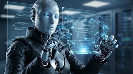 Humanoid ai robot interacts with glowing holographic network and code on a transparent interface in a server room, symbolizing advanced data analysis, machine learning and connectivity - Powered by Adobe