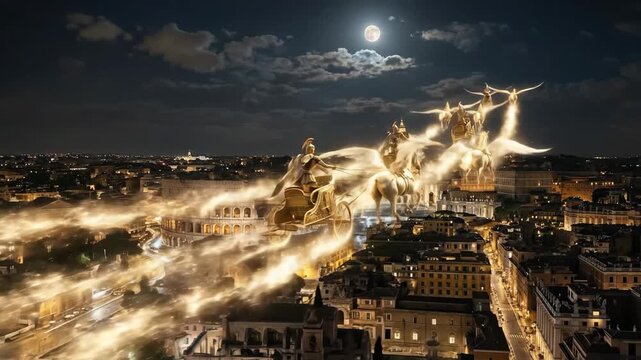 Roman gods, riding golden chariots pulled by mythical pegasus horses, flying across the night sky above rome's ancient city illuminated under a full moon, symbolizing ancient power and mythology