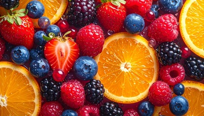 Vibrant medley of fresh fruits colorful berries and orange slices for healthy living and wellness concept stock photography.