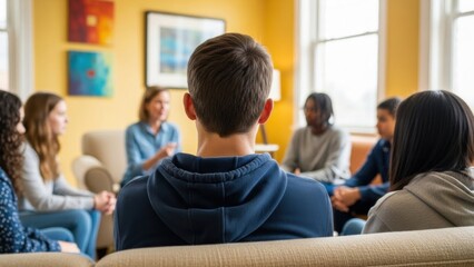 Teenagers sitting in a circle with a counselor in a cozy room, sharing experiences during a youth support group session, fostering mental health awareness, empathy, and healing through
